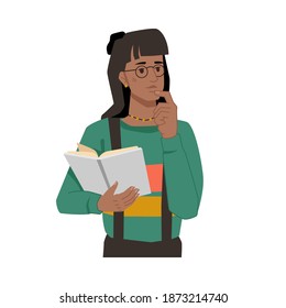 Woman with book in hands, thoughtful face expression, afro american girl thinking about plot of novel. Vector black skin student with open textbook, young student in casual cloth studying or learning