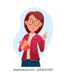 A woman with a book in her hand and a red jacket with the word book on it