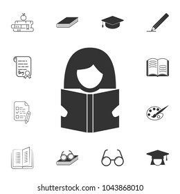 Woman With book icon. Detailed set of education element icons. Premium quality graphic design. One of the collection icons for websites, web design, mobile app on white background