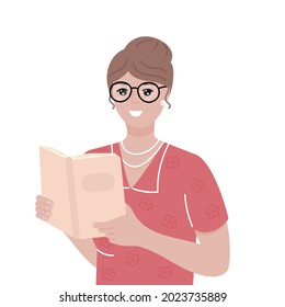 Woman with book isolated on white background vector illustration. Young smiling female with glasses on eyes and in red clothes.
