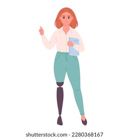 Woman with book. Woman with leg prosthesis. School teacher, librarian, business woman, office worker. Vector illustration in flat style