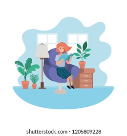 woman with book in livingroom avatar character