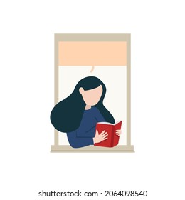 woman with book near open window