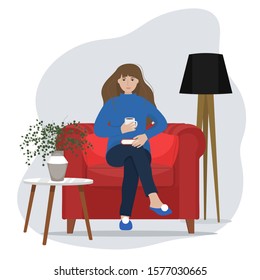Woman with book on chair. Cute vector illustration in flat style
