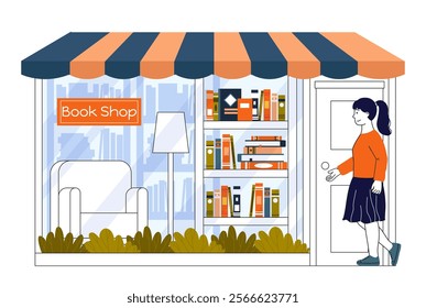 Woman in book shop. Young girl near entrance to bookshop or library. Love of reading and literature. Bookshelves with textbooks or fictions. Customer or client. Linear vector illustration