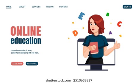 Woman with book Shows thumbs up on computer monitor Surrounded with letters. Online Education Web page design. Vector