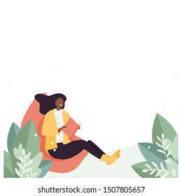 Woman with book sitting in cozy socks on big pillow in the garden and studying or working. Concept relaxing time, literature reading, education. Modern vector illustration in flat style for banner