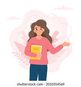 Mujer con un libro. Día del profesor, concepto del Día de la Alfabetización. Ilustración de vector circular en estilo cartográfico plano