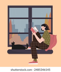 Mujer con libro en la ventana. Una chica joven se sienta y lee. Propietaria y gato sentados en el apartamento en el día de otoño. Amor por la literatura y el ocio. Ilustración vectorial plana aislada sobre fondo blanco