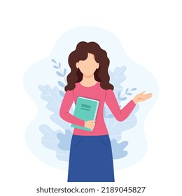 A woman with a book. A young teacher with a book. Teacher's Day, the concept of literacy day. Cute vector illustration in a flat cartoon style