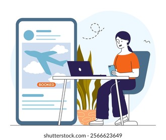 Woman booking flight. Young girl buys plane tickets. Travel and tourism, trip. Tourist preparing for vacation and holiday. Buying boarding pass on airplane. Linear vector illustration