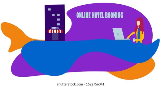 Woman booking hotel online Design concept. Vector Illustration EPS 10