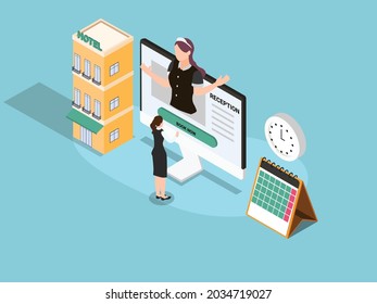 Woman booking hotel room online with virtual hotel reception on the computer monitor. isometric vector concept