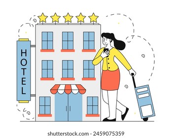 Woman booking hotel simple. Young girl with luggage and baggage standing near building for tourists. Mobile application for travelers. Holiday and vacation. Doodle flat vector illustration