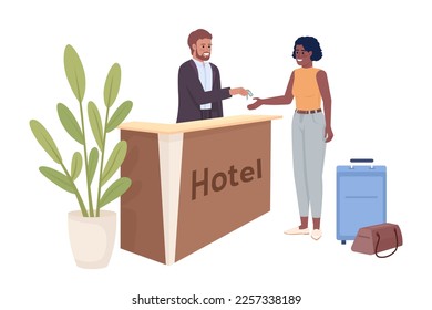 Woman booking room in hotel semi flat color vector characters. Receptionist giving keys to guest. Editable people on white. Simple cartoon style illustration for web graphic design and animation