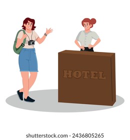 Mujer reservando habitación en hotel semi plano color vector caracteres. Recepcionista dando llaves a los invitados. Gente editable en blanco. Ilustración de estilo de dibujos animados simple para diseño gráfico web y animación.