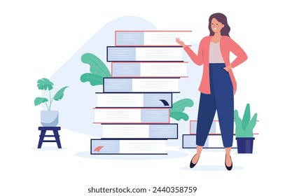 Woman with books - Female person standing in front of stack of books talking about literature and reading. Education and learning concept in flat design vector illustration with white background