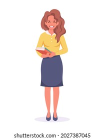 Woman with books. Female teacher. Teachers day, back to school, Literacy day, librarian. Vector illustration