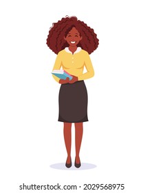 Woman with books. Female teacher. Teachers day, back to school, Literacy day, librarian. Vector illustration