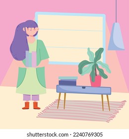 woman with books in home