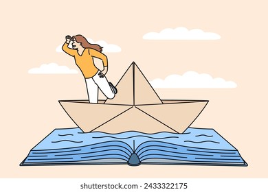 Woman bookworm fantasizes about sailing and traveling around world on ocean, standing in paper ship floating on book made of water. Bookworm girl is about to have adventures like literature characters