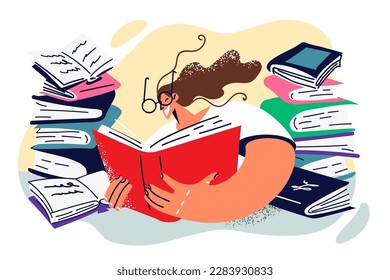 Woman bookworm sitting among textbooks enjoying reading novels or preparing for difficult exams. Bookworm girl is engaged in self-education by studying professional literature to gain new skills