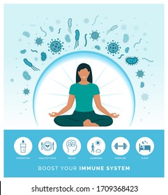 Woman boosting her immune system naturally and defeating viruses, she is following a healthy lifestyle and practicing meditation