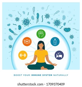 Woman boosting her immune system naturally and defeating viruses, she is following a healthy lifestyle and practicing meditation