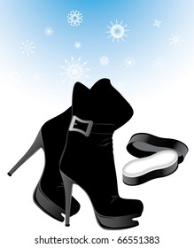 Woman boots and sponge for the care of shoes. Vector