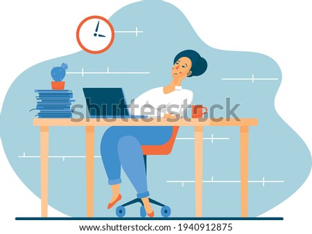 the woman is bored at work, does nothing and looks at her watch. Cartoon vector illustration