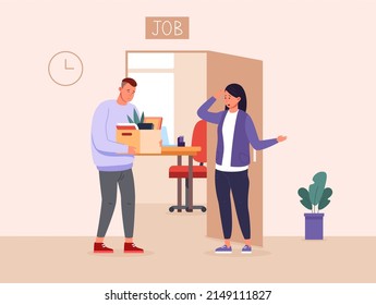 Woman Boss Dismisses Employee. Businesswoman Pointing Resign Fired Worker, Business Work Mistakes Jobless Bad Employees, Quit Office Job Unemployed Fired Staff, Vector Illustration Of Kick And Despair