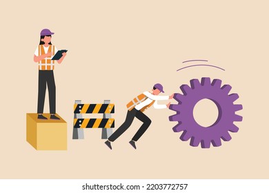 Woman boss give direction to employee in construction site. Boss move concept. Colored flat graphic vector illustration isolated.