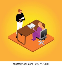 a woman boss watching men employ work in her office. woman boss move vector illustration.
