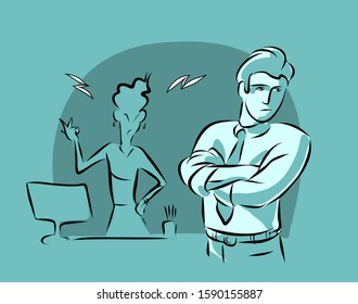 Woman boss at work in the office scolds a male subordinate. The man is very tired and upset. Vector illustration in comic style.