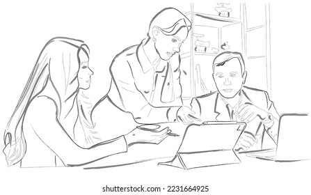 Woman boss working in the office with her team. Vector line art