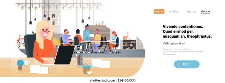 woman boss workplace over casual team brainstorming meeting group people sitting together office communication flat horizontal banner copy space