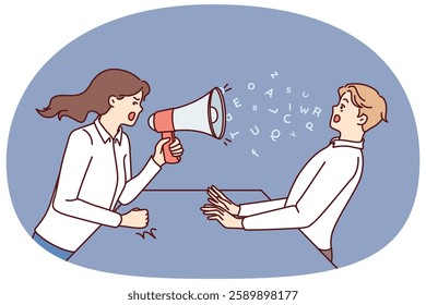 Woman boss yells at subordinate through megaphone and gets angry because of refusal to follow order. Aggressive boss yells at man showing unprofessionalism and disregard for rules of subordination