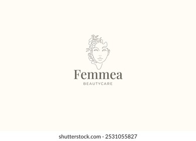 Woman botanical blossom flower portrait line art logo design template vector illustration. Female elegant face floral silhouette minimalist linear logotype for organic skin care cosmetic makeup artist