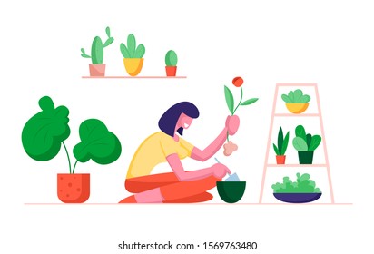 Woman Botanist Holding Spade Digging Home Plant Replanting to another Pot. Gardening Hobby, Female Character Care of Domestic Flower in Greenhouse Orangery or Home. Cartoon Flat Vector Illustration