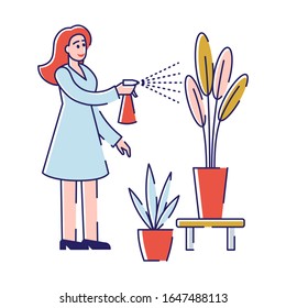 Woman Botanist Watering Home Plant in Flowerpot from Sprayer Bottle. Gardening Hobby, Character Care of Domestic Flower in Pot in Greenhouse or Orangery. Cartoon Flat Vector Illustration, Line Art