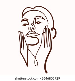 Mulher Com Ambas As Mãos Na Face Desenho De Uma Linha. Mulher com ambas as mãos na face ilustração de linha única. Mulher com ambas as mãos na face minimalista linha arte