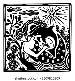 Woman and Boto Cor-de-Rosa, pink dolphin, character of brazilian folklore. Cordel woodcut illustration.