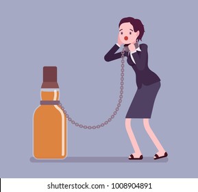 Woman with bottle in alcohol dependency. Young frustrated person with addiction to alcoholic drink, tied with chain to a giant bottle. Vector flat style cartoon illustration isolated, white background