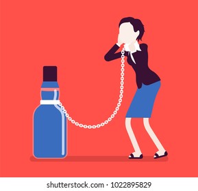 Woman with bottle in alcohol dependency. Young frustrated person with addiction to alcoholic drink, tied to beverage, unhealthy dangerous abuse and habit. Vector illustration with faceless characters