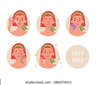 Woman with bottle of face oil, facial gua sha stone and roller. Instructions for facial massage with massage lines. Anti-aging skin care method step by step. Lazy days. Vector illustration. 