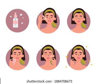 Woman with bottle of face oil, facial gua sha stone and roller. Instructions for facial massage with massage lines. Step by step anti-aging skin care method. Lazy days concept. Vector illustration. 