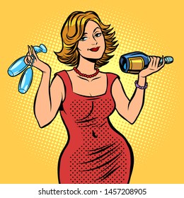 Woman With A Bottle Of Wine. Comic Cartoon Pop Art Retro Vector Drawing Illustration