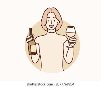 Woman with a bottle of wine. Hand drawn style vector design illustrations.