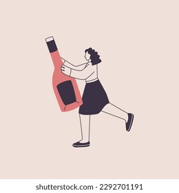 Woman with a bottle of wine or sparkling wine. Cute character in trendy style. Vector isolated illustration for wine theme design.