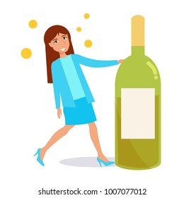 Woman with a bottle of wine. Vector. Cartoon. Isolated art on white background. Flat